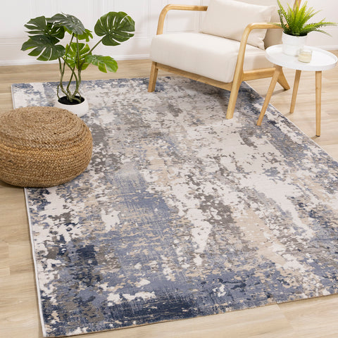 Luca Distressed Rug - Blue & Beige in living room setting