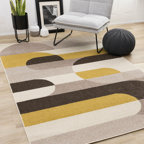 Malibu Rug - Curvy Geometric Taupe Yellow in living room setting