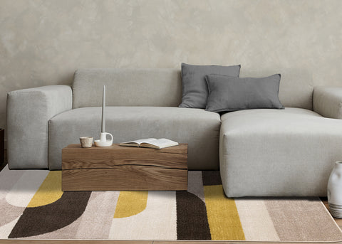 Malibu Rug - Curvy Geometric Taupe Yellow in living room setting