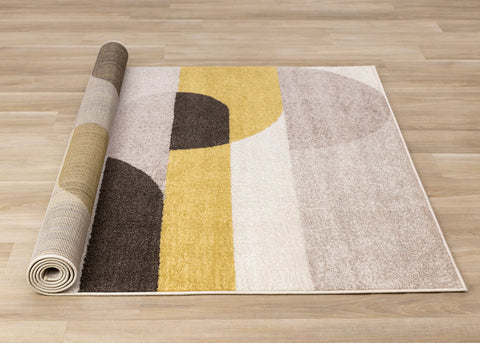 Malibu Rug - Curvy Geometric Taupe Yellow roll on floor