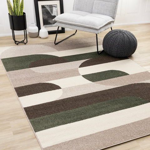 Malibu Rug - Curvy Geometric Taupe Green in living room setting