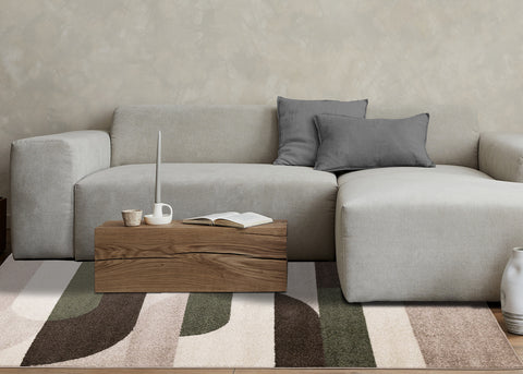 Malibu Rug - Curvy Geometric Taupe Green in living room setting