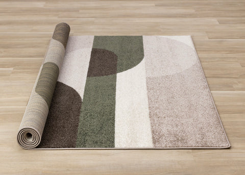 Malibu Rug - Curvy Geometric Taupe Green roll on floor