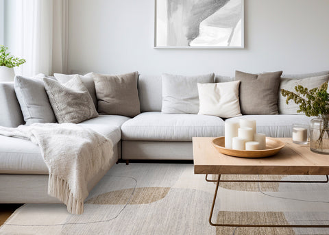 Marisa Rug - Grey Brown Curvy Geometry in living room setting