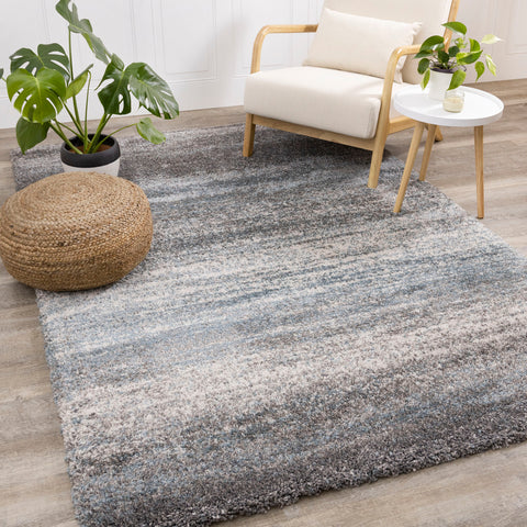 Maroq Shag Rug - Blue / Grey Stripes in living room setting