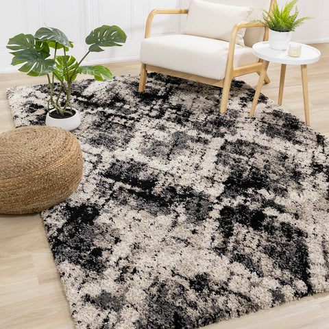 Maroq Distressed Shag Rug - Grey / Beige Diamonds in living room setting