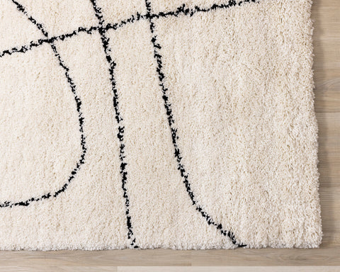 Maroq Shag Rug - Cream / Black Lines corner detail