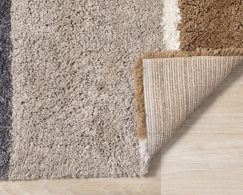  Maroq Shag Rug - Cream / Brown Stripes corner flipped to show underside