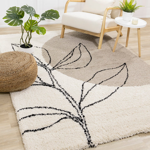 Maroq Shag Rug - Cream & Taupe Vines in living room setting