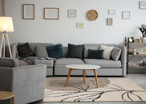 Maroq Shag Rug - Cream & Taupe Vines in living room setting