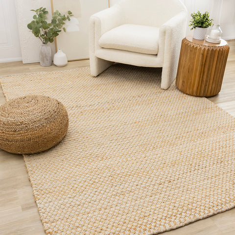 Naturals Jute Rug - Intricate Light Oak Weave in living room setting