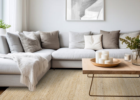 Naturals Jute Rug - Intricate Light Oak Weave in living room setting