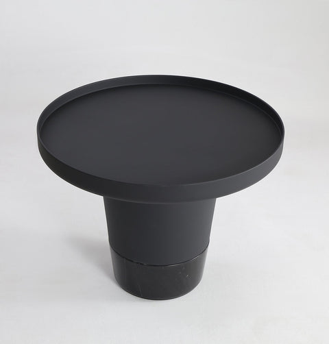 Minimal black powder coated aluminum side table resembling a pier bollard with a black marble base.