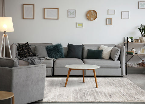 Ravine Rug - Grey Cream Distressed Lines in living room setting