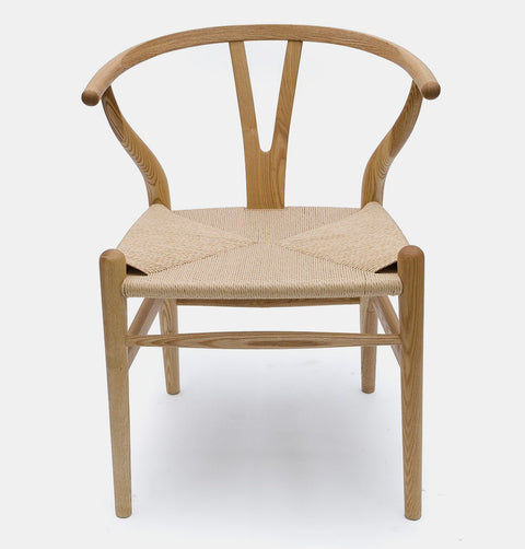 Hans Wegner inspired dining chair in natural ash with natural cord woven seat.