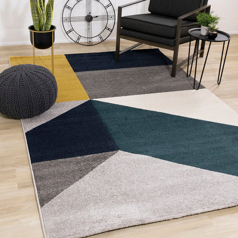 Safi Rug - Geometric Blue Grey Yellow in living room setting