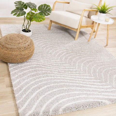 Shira Soft Touch Rug - Grey Waves in living room setting