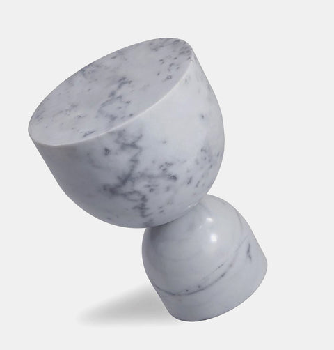 One piece white marble side table. Small spherical base with larger spherical top piece resembling a chalice.