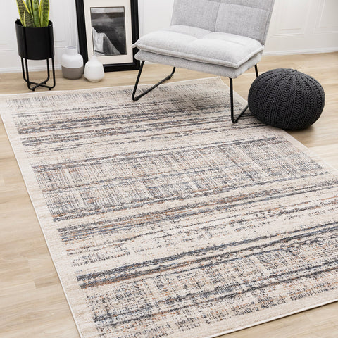 Swift Rug - Cream Taupe Distressed Lines in living room setting