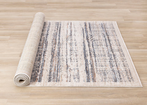 Swift Rug - Cream Taupe Distressed Lines roll on floor