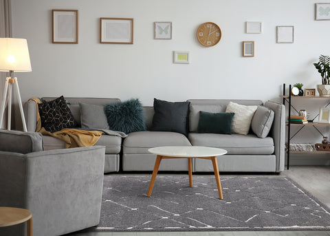 Talia Rug - Black Broken Lattice in living room setting