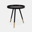 Black round side table with 3 white painted oak legs including exposed natural finish at base. 