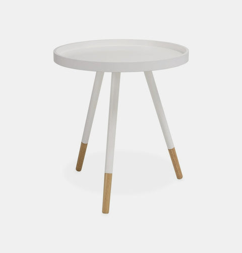 White round side table with 3 white painted oak legs including exposed natural finish at base. 