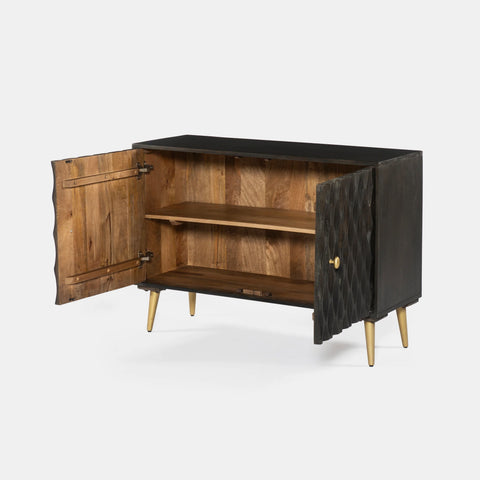 Solid mango wood sideboard in grey finish with golden iron legs in mid-century style. CNC carved detailed doors. Doors open.