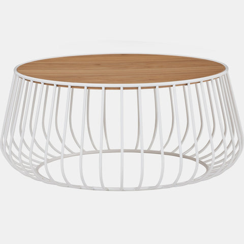 Circular white painted metal coffee table resembling a bird cage, with a natural ash wood veneer top.