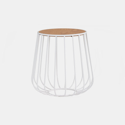 Circular white painted metal side table resembling a bird cage, with a natural ash wood veneer top.