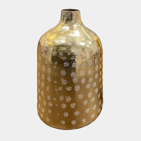 Hammered aluminum bottle shaped vase in brash finish with engraved patterns and a small mouth opening.