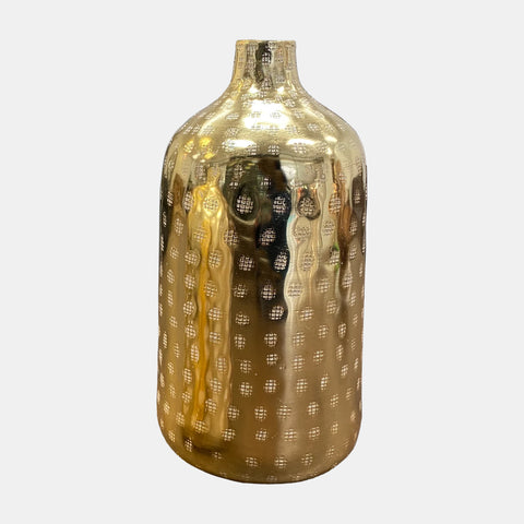 Hammered aluminum bottle shaped vase in brash finish with engraved patterns and a small mouth opening.