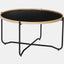 Black 32" diameter round coffee table with solid MDF & bentwood top and metal legs.