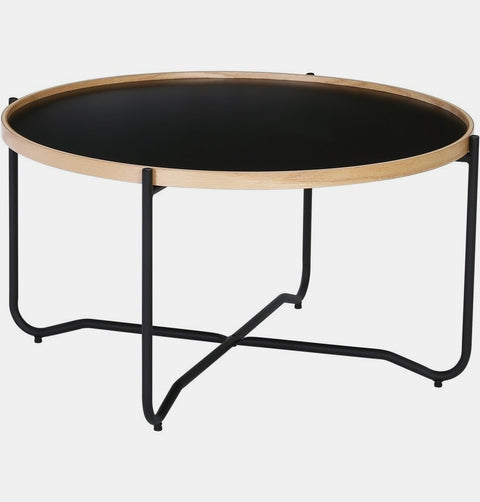 Black 32" diameter round coffee table with solid MDF & bentwood top and metal legs.