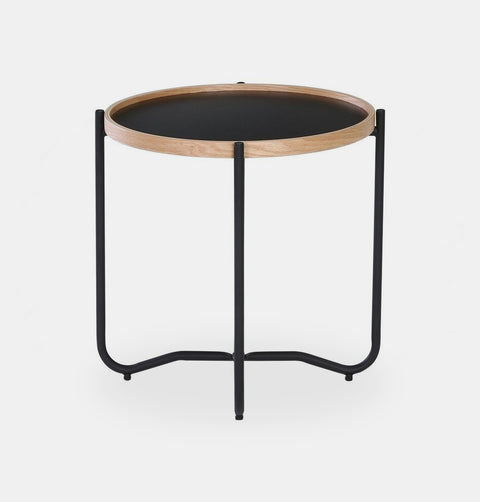 Black 19" diameter round coffee table with solid MDF & bentwood top and metal legs.