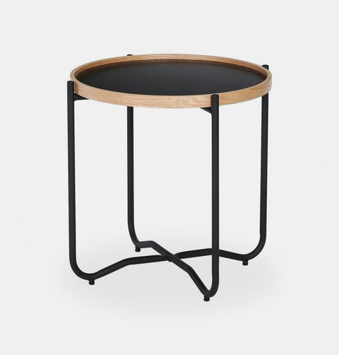 Black 19" diameter round coffee table with solid MDF & bentwood top and metal legs.