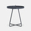 Grey colored coffee table with bentwood top, metal legs and handle.