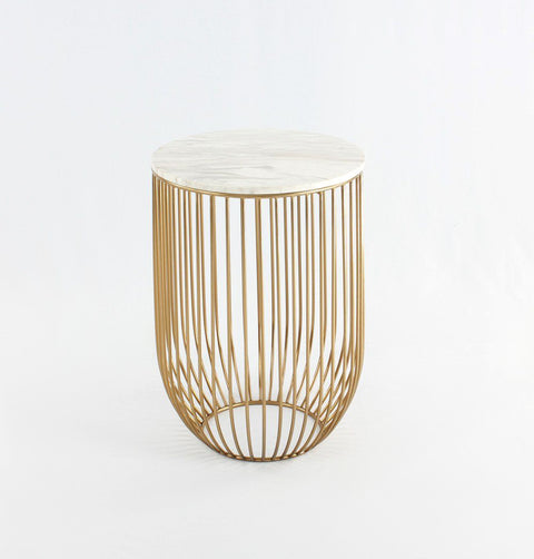 Side Table in white Carrara Marble sitting on a gold chromed stainless steel base resembling a bird-cage