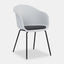 White plastic Scandinavian style dining chair with black metal legs and dark grey cushioned seat.