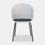 White plastic Scandinavian style dining chair with black metal legs and dark grey cushioned seat.