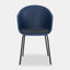Midnight blue plastic Scandinavian style dining chair with black metal legs and dark grey cushioned seat.