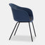 Midnight blue plastic Scandinavian style dining chair with black metal legs and dark grey cushioned seat.