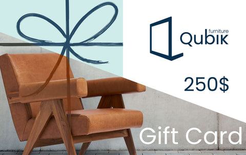 Gift card for Qubik Furniture at a 250$ value showing the Nehru lounge chair.