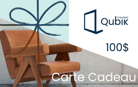 French version of a gift card for Qubik Furniture at a 100$ value showing the Nehru lounge chair, and French logo Meubles Qubik.