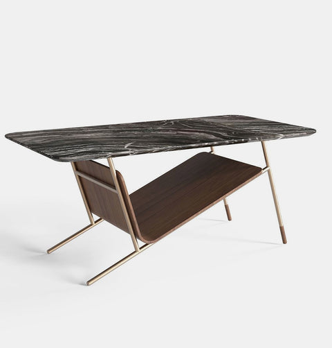 Black marble top coffee table with gold-plated stainless steel legs, and walnut veneer on a bent wood shelf.