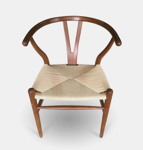 Hans Wegner inspired dining chair in walnut stained ash with natural cord woven seat.