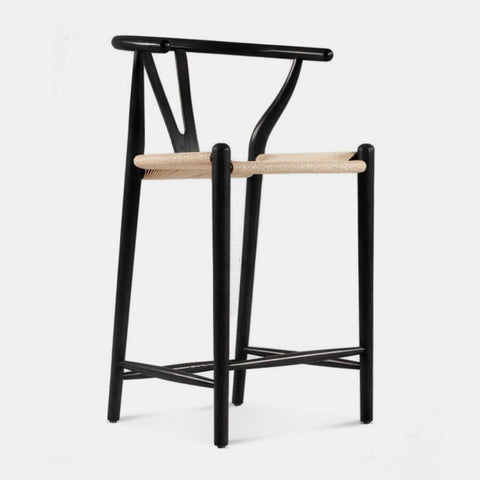  Hans Wegner inspired counter stool in black stained ash wood with natural cord woven seat.