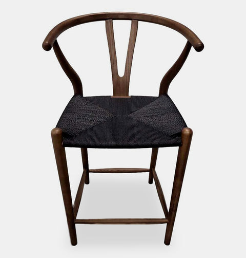 Hans Wegner inspired counter stool in walnut stained ash wood with black cord woven seat.