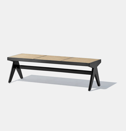 Solid black stained ash wood bench with solid frame and woven natural rattan seat.