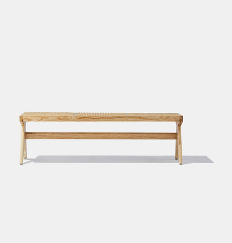 Solid natural ash wood bench with solid frame and woven natural rattan seat.